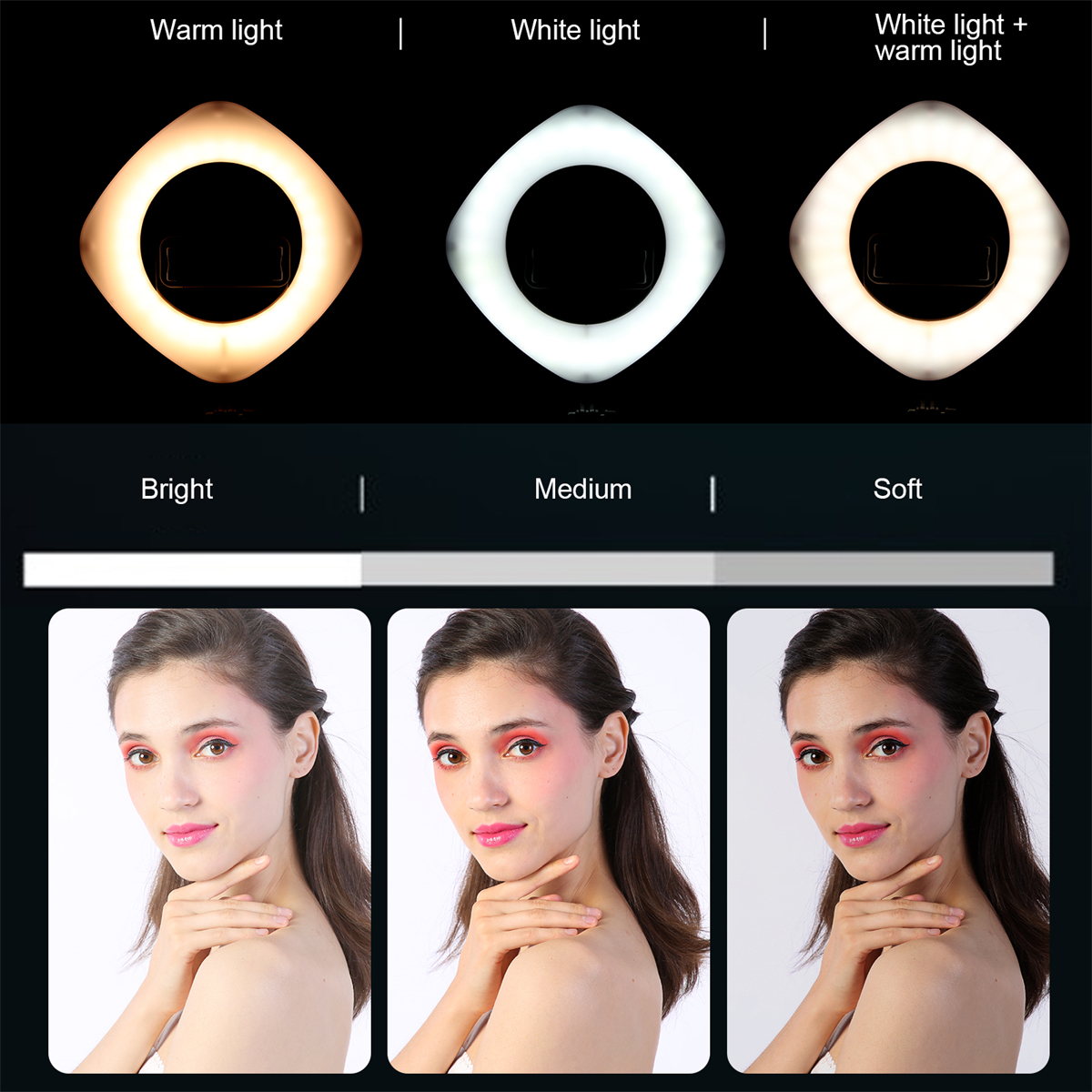 Drei Lichteinstellungen an einem Ringlicht: warm, weiß und warm+weiß. Frauen mit Make-up sind unter jedem Licht.