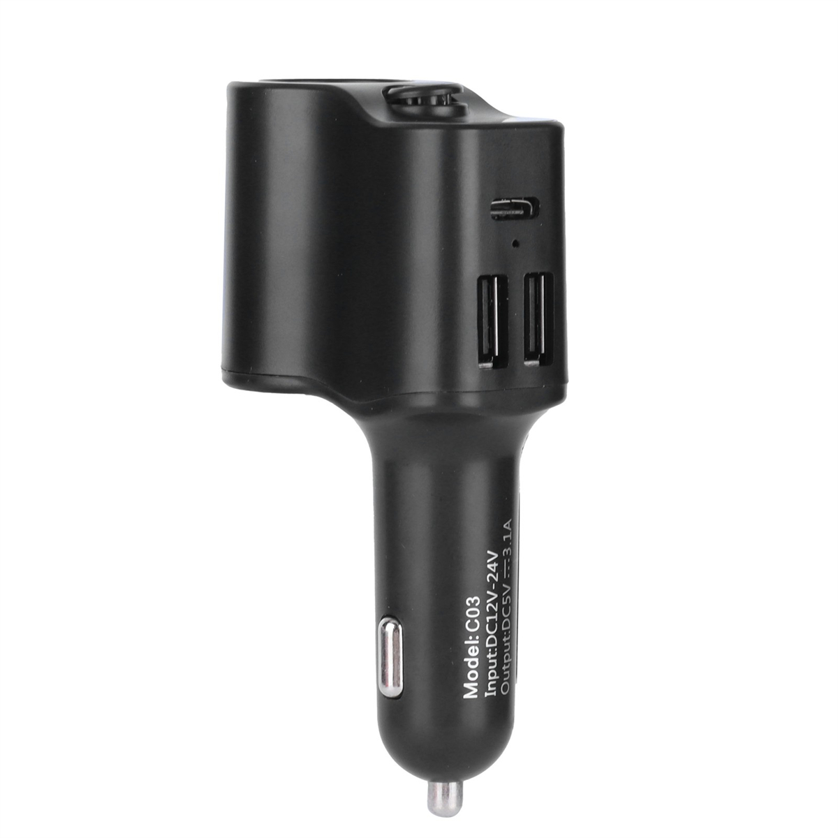 Schwarzes Autoladegerät mit mehreren USB-Anschlüssen. Das Gerät hat ein Etikett mit Modell und Leistung.