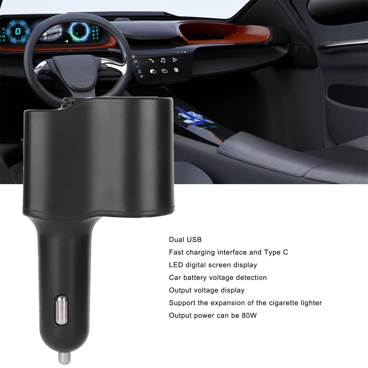 Schwarzes Autoladegerät mit zwei USB-Anschlüssen und Anweisungen: LED-Bildschirm, Spannungsanzeige, 80W Ausgang.