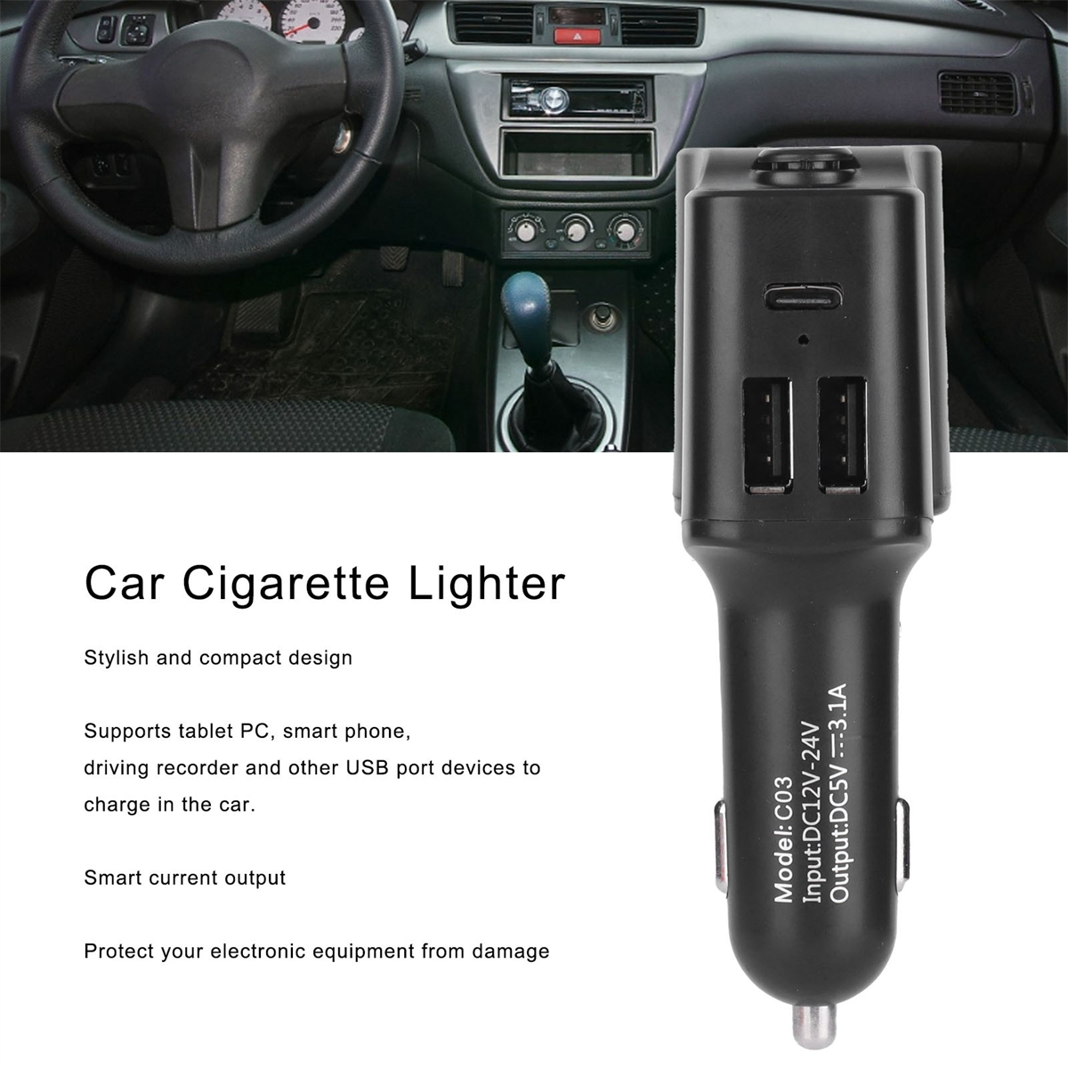 Auto-Zigarettenanzünder mit USB-Anschlüssen. Schwarz, Text: Model C03, Input DC12V-24V, Output: DC5V.