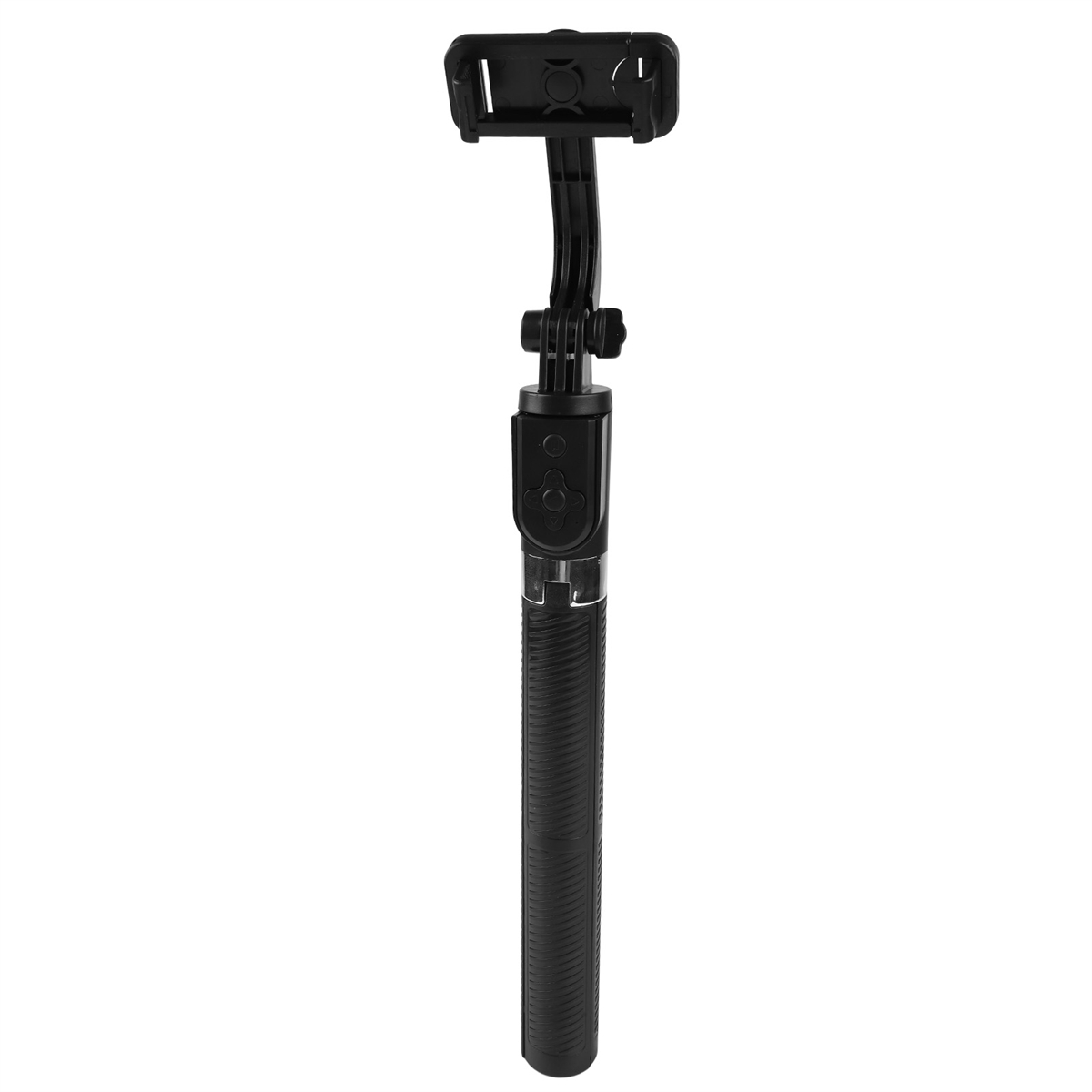 Schwarzer Selfie-Stick ausgezogen. Der Stick hat eine Handyhalterung und einen Griff.