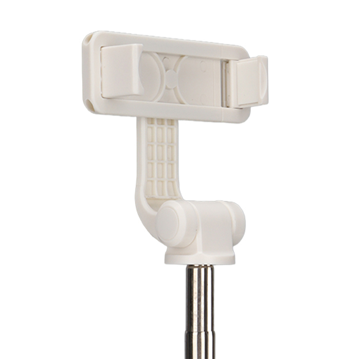 Ein weißer Selfie-Stick-Halter mit Handyhalterung auf weißem Hintergrund.