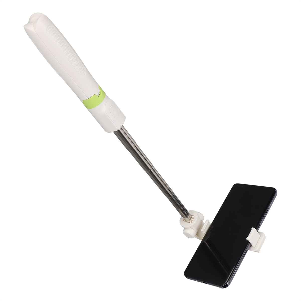 Selfie-Stick mit befestigtem Telefon, weißer Griff, auf Weiß.