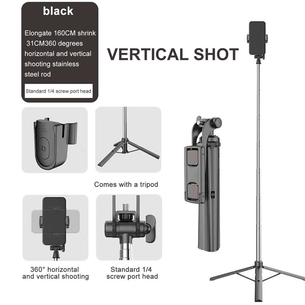 Diagramm, das einen schwarzen Selfie-Stick und ein Stativ mit verschiedenen Funktionen zeigt.