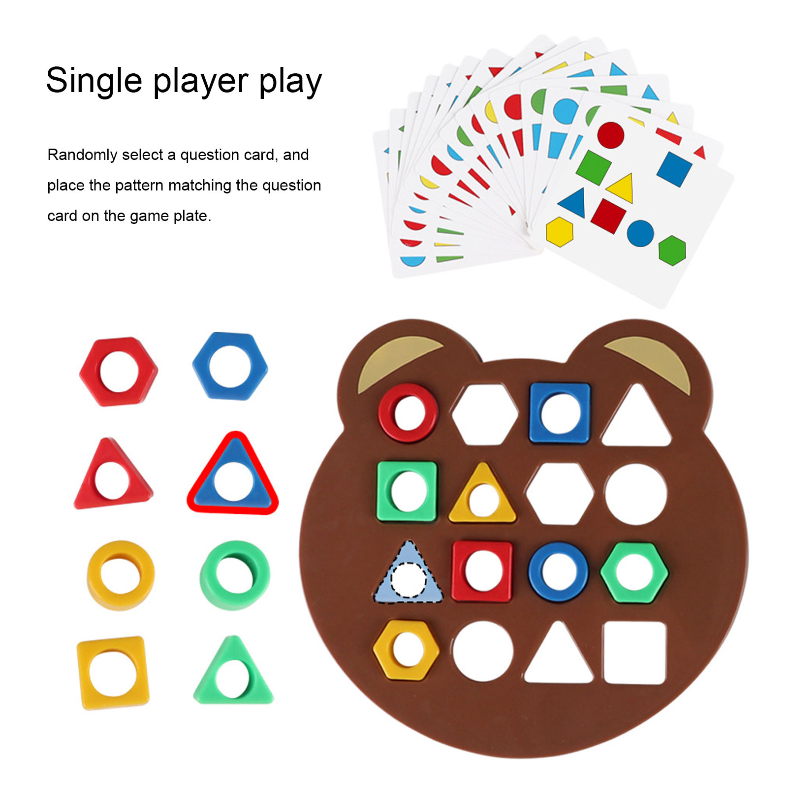 Ein Einzelspieler-Spiel mit bunten Formen. Ein bärenförmiges Brett mit passenden Formen und Karten.