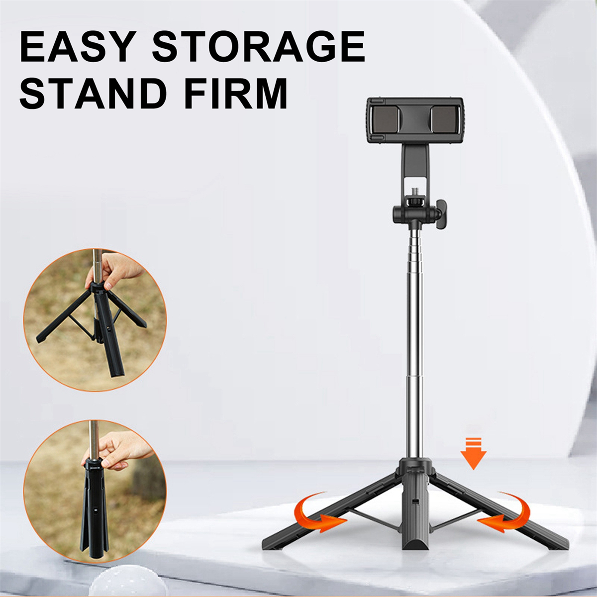 Stativ mit Telefonhalter, mit dem Text Easy Storage Stand Firm. Zwei Inset-Bilder demonstrieren die Verwendung.