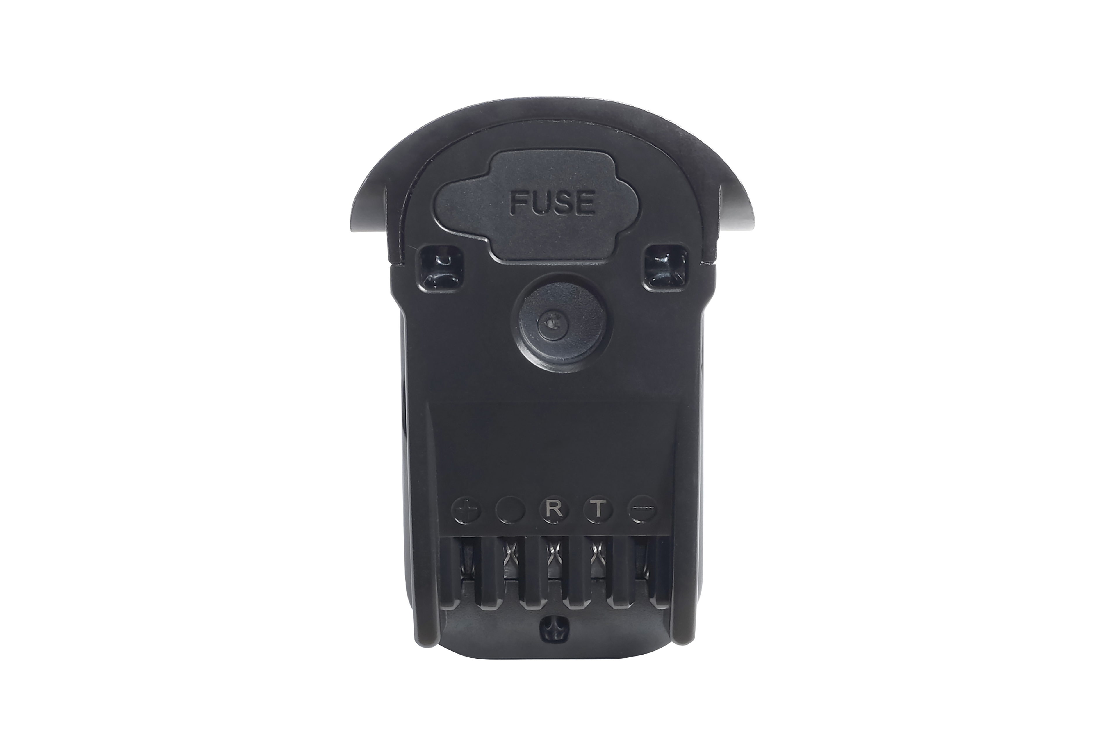 Eine schwarze elektrische Komponente mit beschrifteten Anschlüssen und der Aufschrift „FUSE“ oben.