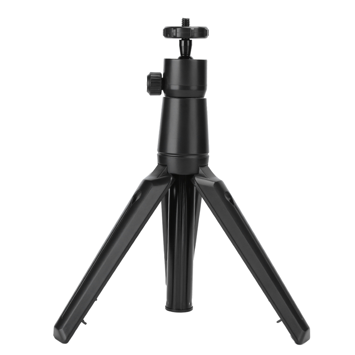 Schwarzes Mini-Stativ mit drei Beinen auf weißem Hintergrund. Es ist kompakt und einfach.