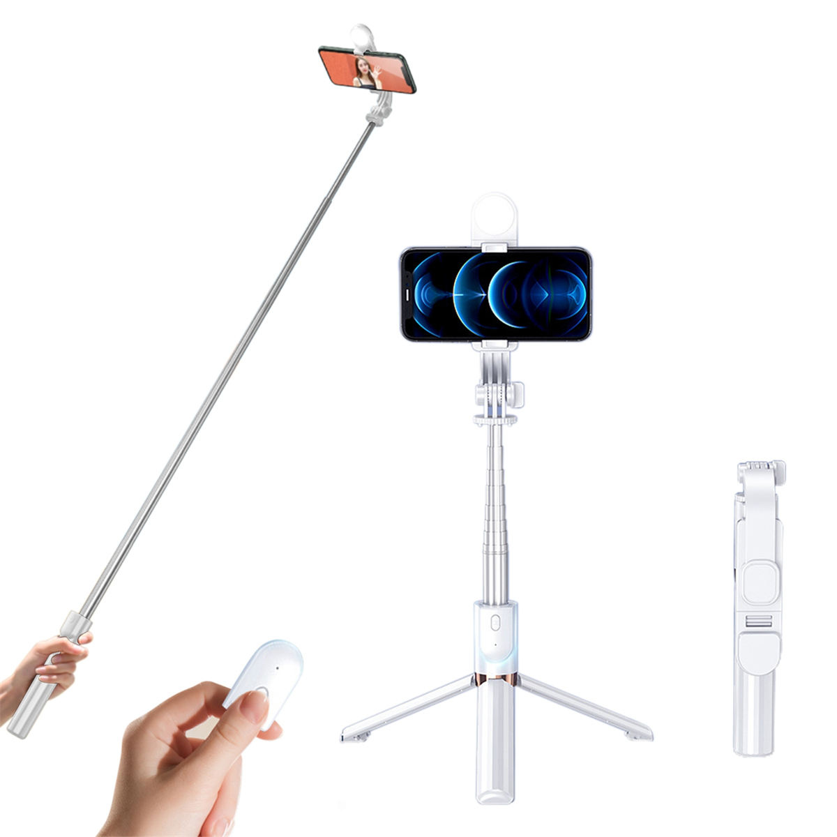 Drei weiße Selfie-Sticks mit angeschlossenen Telefonen und eine Fernbedienung.