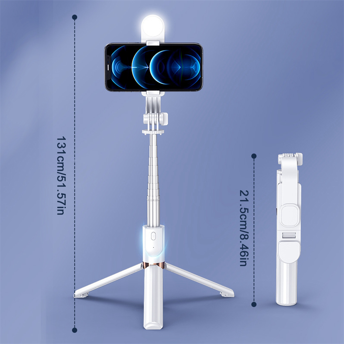 Weißes Selfie-Stick-Stativ mit Telefon, Licht oben und Abmessungen.