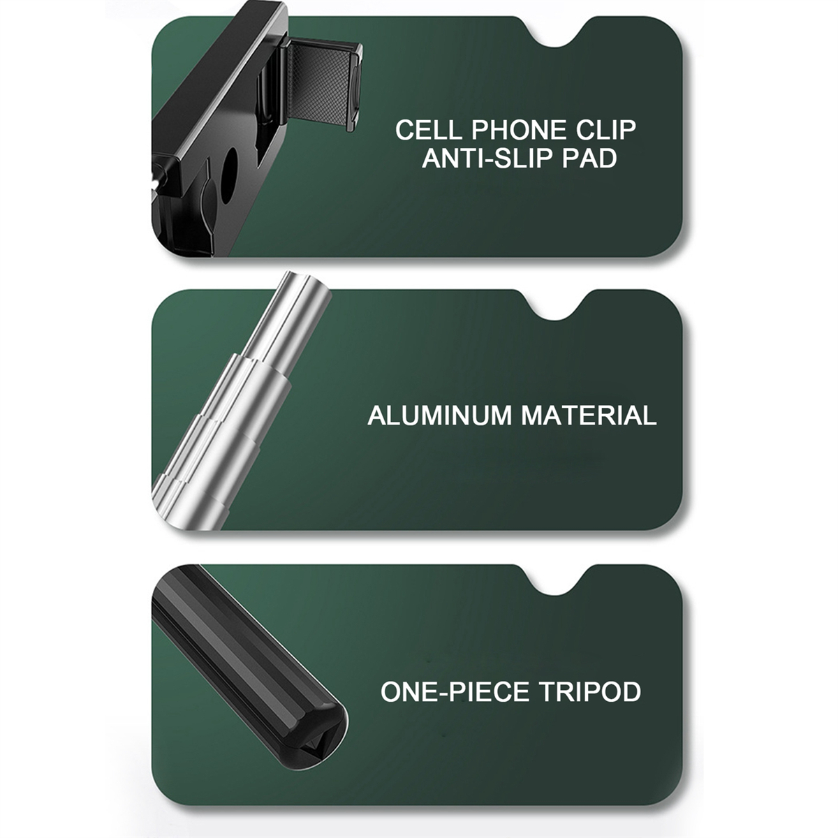 Drei informative Karten: Handy-Clip, Aluminium-Material und einteiliges Stativ.