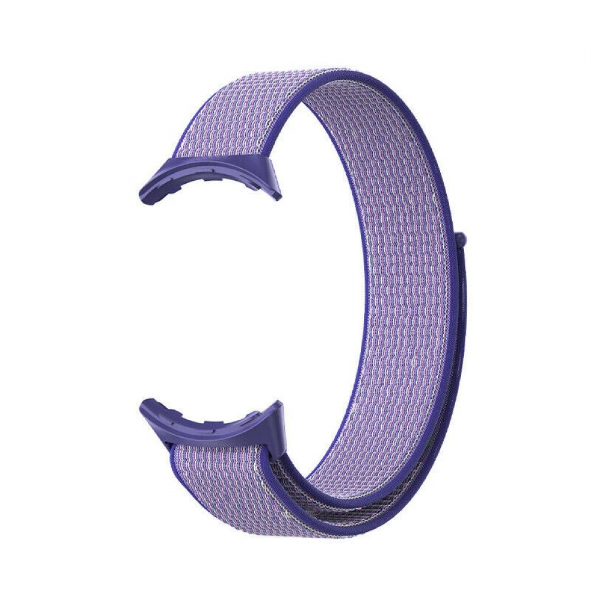 Ein lila Uhrenarmband aus gewebtem Stoff mit lila Anschlüssen an jedem Ende.