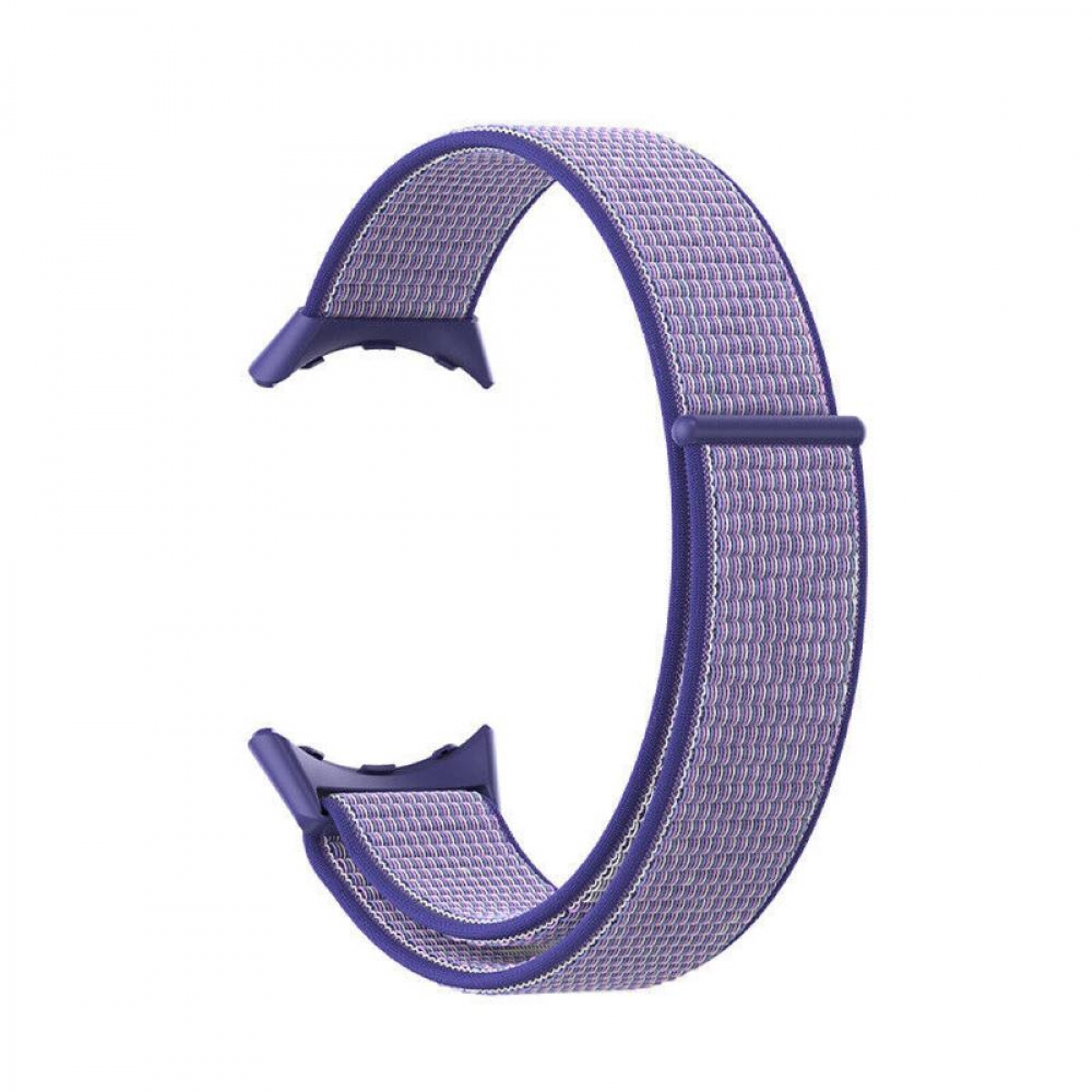 Ein lila-weißes Stoff-Uhrenarmband in C-Form. Das Band hat einen Verschluss und Verbindungspunkte.
