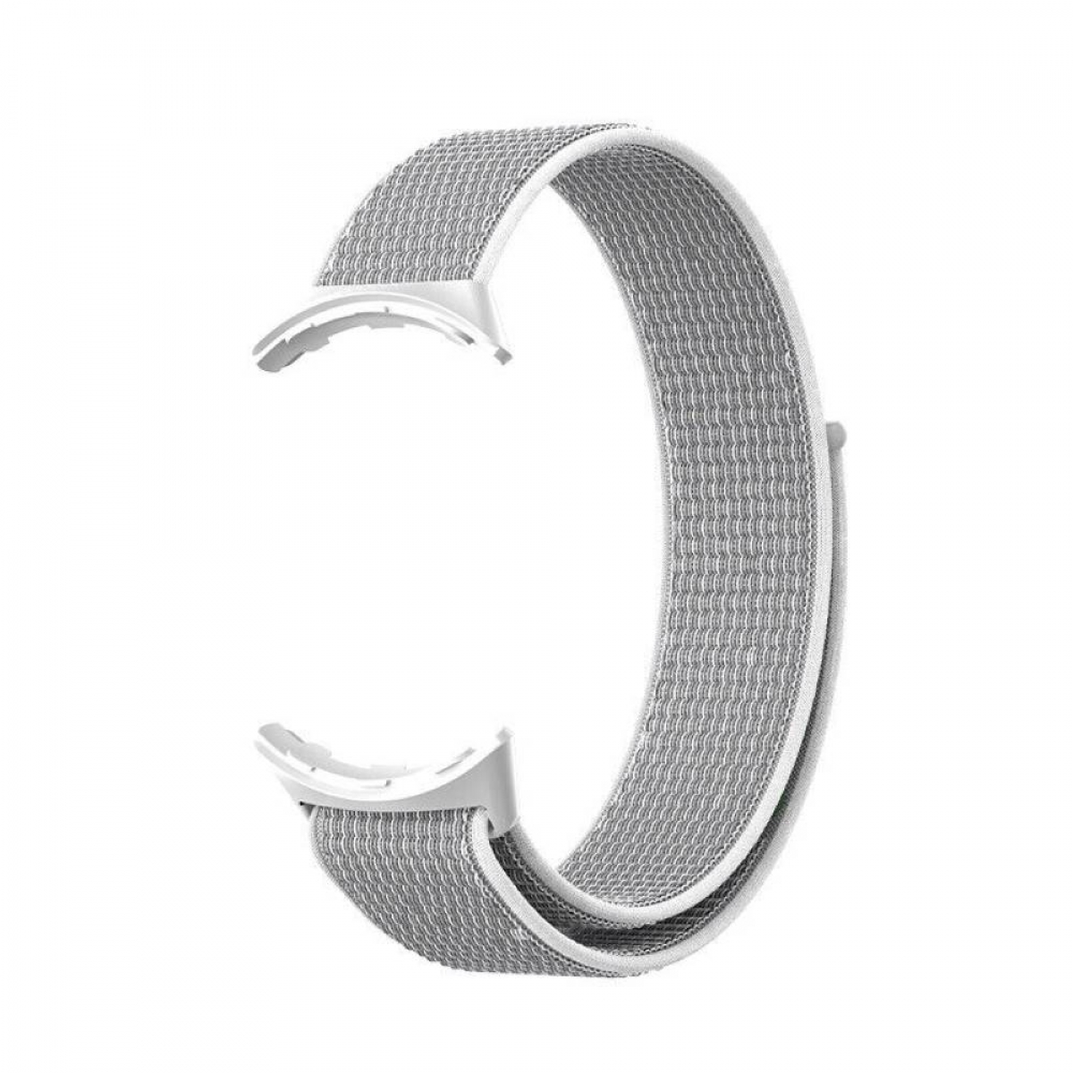 Graues und weißes Uhrenarmband. Hat ein gewebtes Muster.