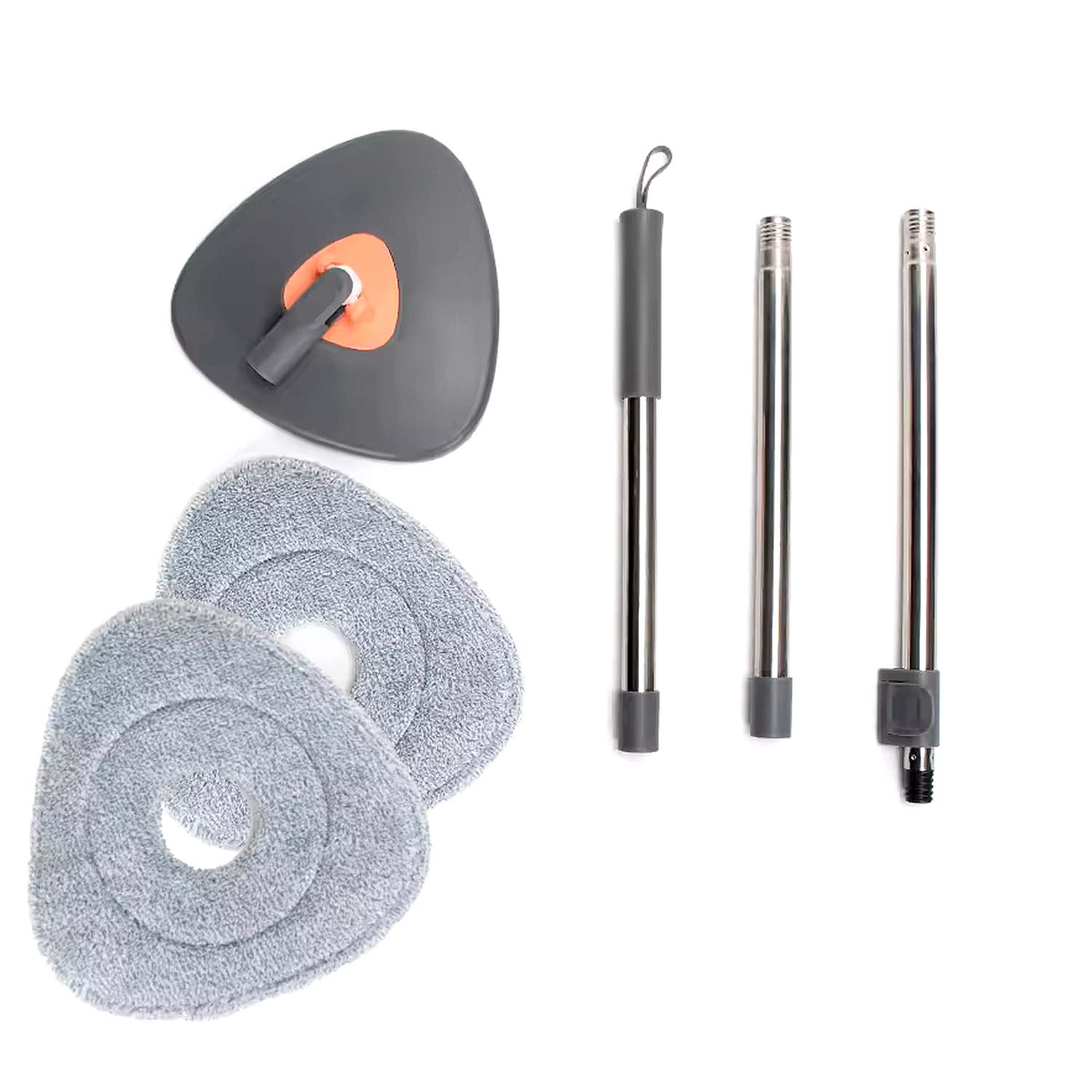 Mopteile, darunter ein Wischkopf, zwei Pads und zwei Metallstangen, alle auf weißem Hintergrund.