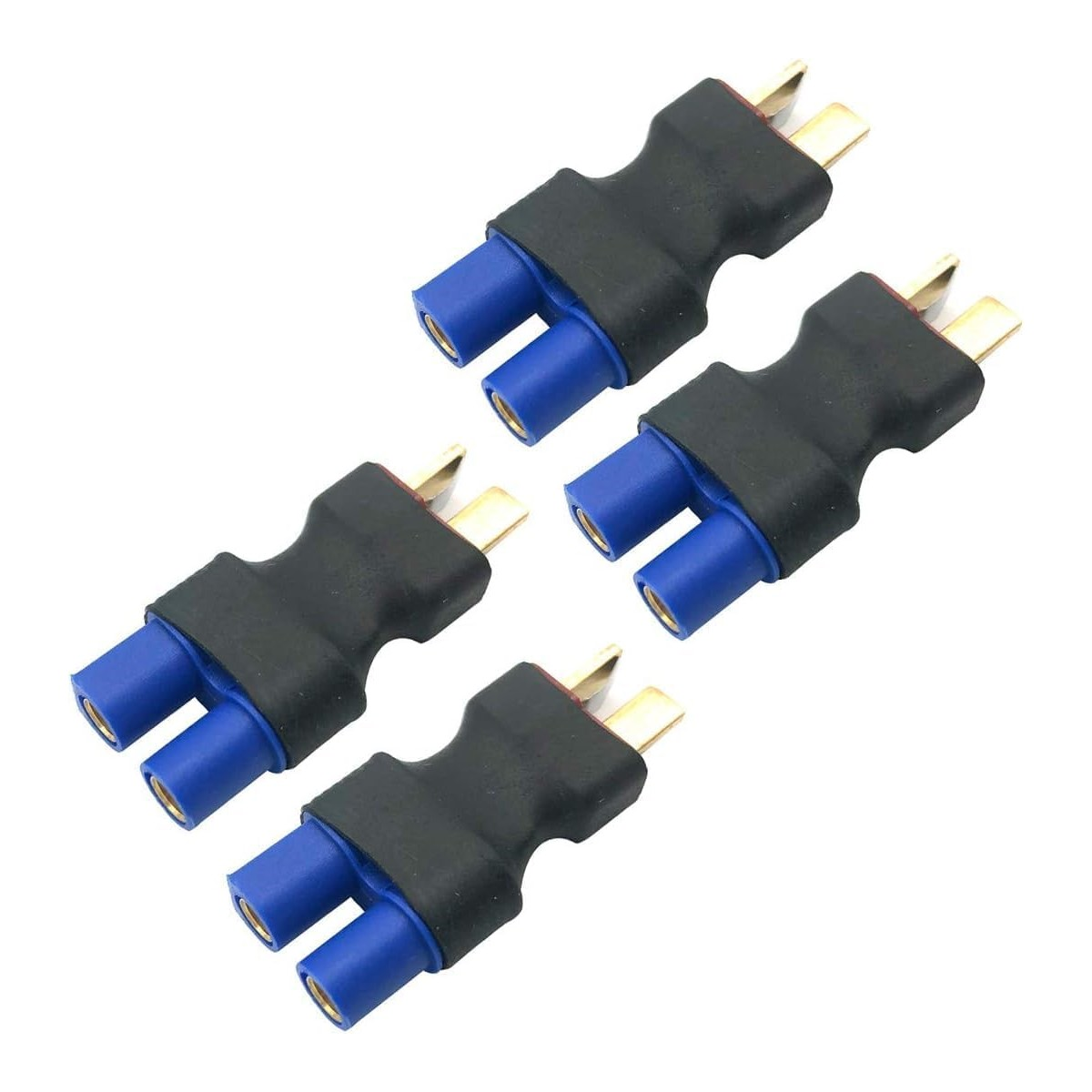 Vier schwarze T-förmige Stecker mit goldenen Pins und blauen Buchsen auf weißem Hintergrund.