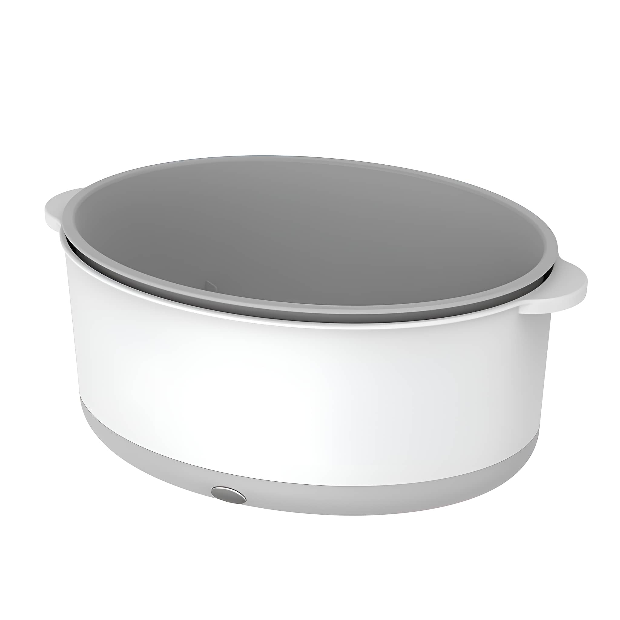 Ein weißer und grauer Slow Cooker. Der Deckel ist grau und der Körper weiß.