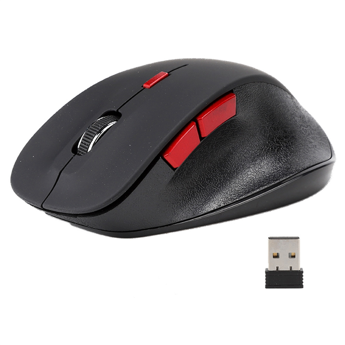 Schwarze Computermaus mit roten Tasten und einem USB-Empfänger. Weißer Hintergrund.