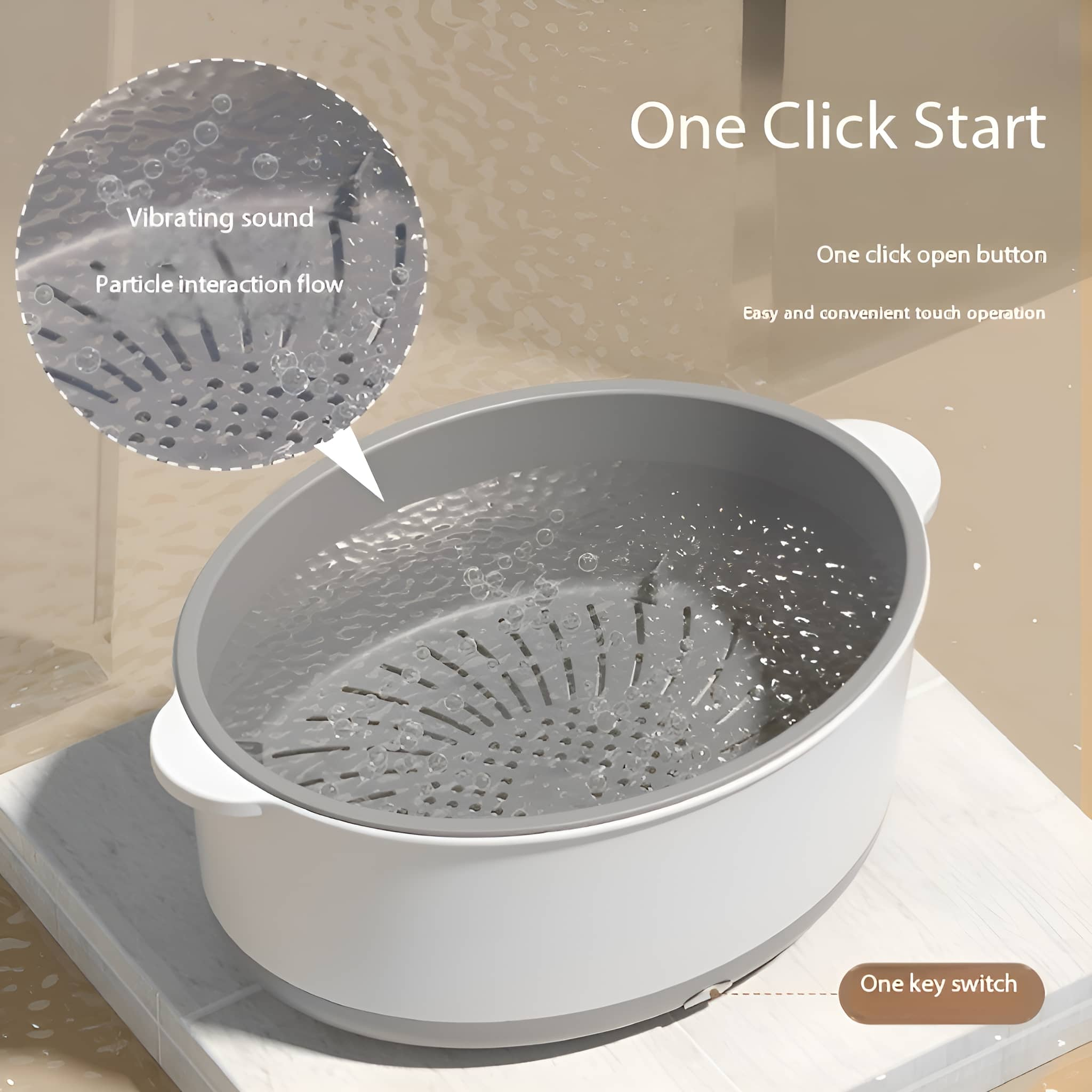 Weißes und graues Gerät mit Wasser und Blasen. Text sagt 'One Click Start' und 'One key switch'.