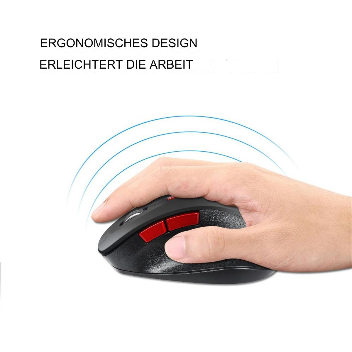 Eine Hand, die eine schwarze, kabellose Maus hält. Rote Tasten sind sichtbar. Text: 'Ergonomisches Design'.