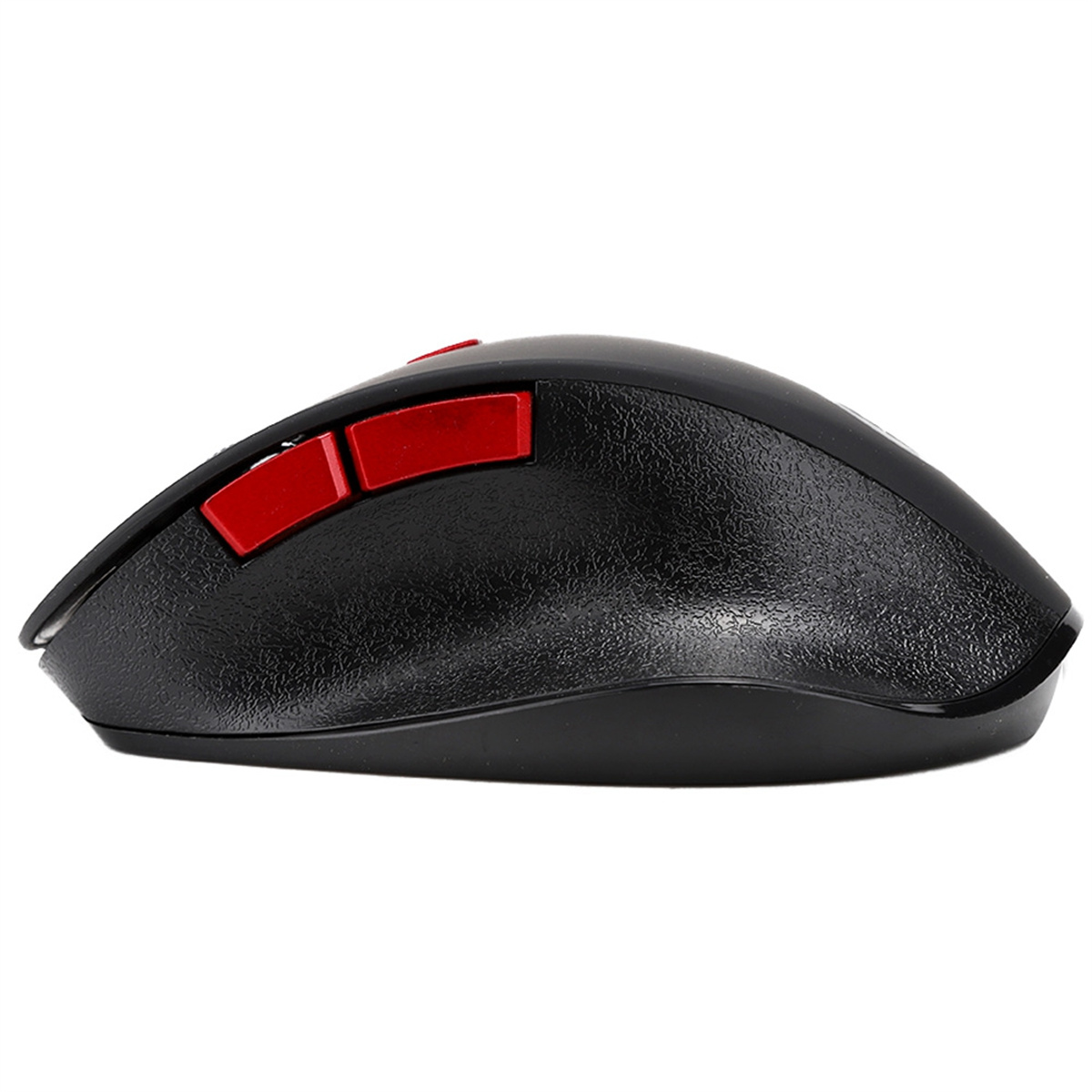 Eine schwarze Computermaus mit roten Tasten.