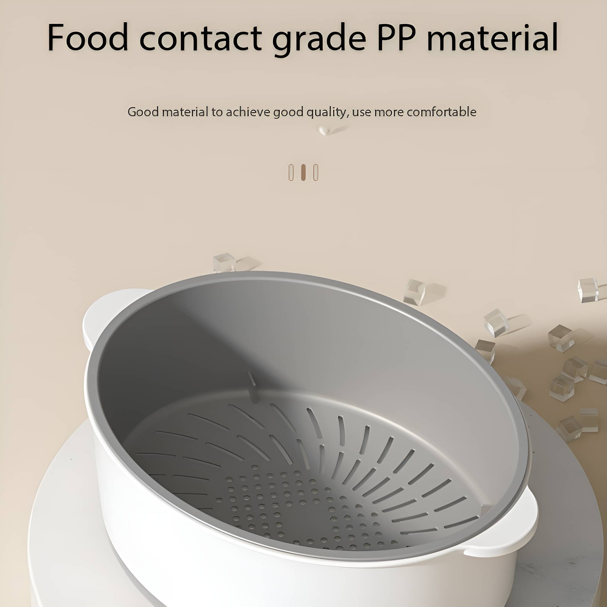 Weißer und grauer Lebensmittel-Sieb. Text: Lebensmittelkontakt-PP-Material.
