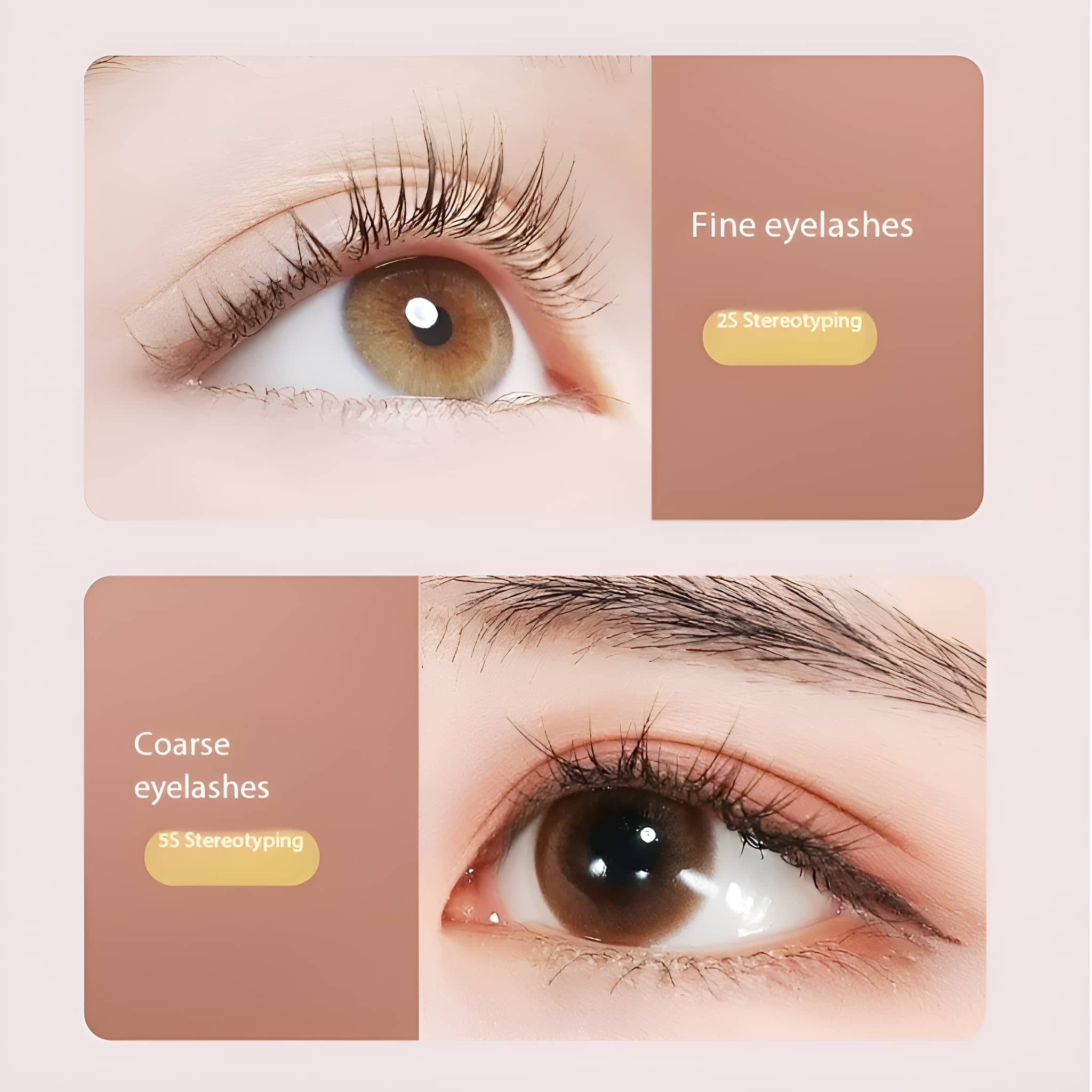 Nahaufnahme zweier Augen mit unterschiedlichen Wimpern. Eines hat feine, das andere grobe Wimpern.