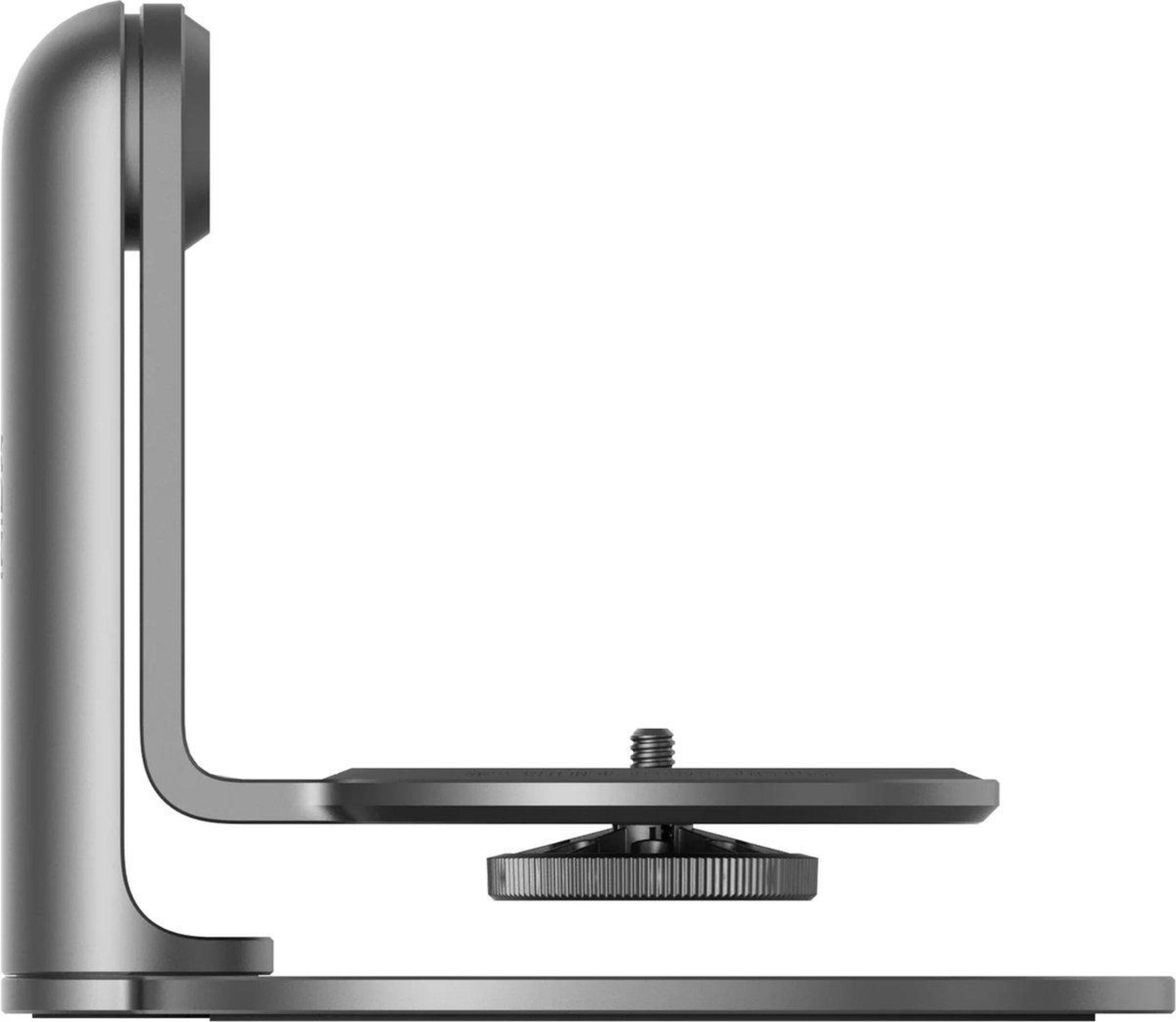 Soporte de cámara de metal plateado. El soporte tiene múltiples partes de conexión y una base atornillable.