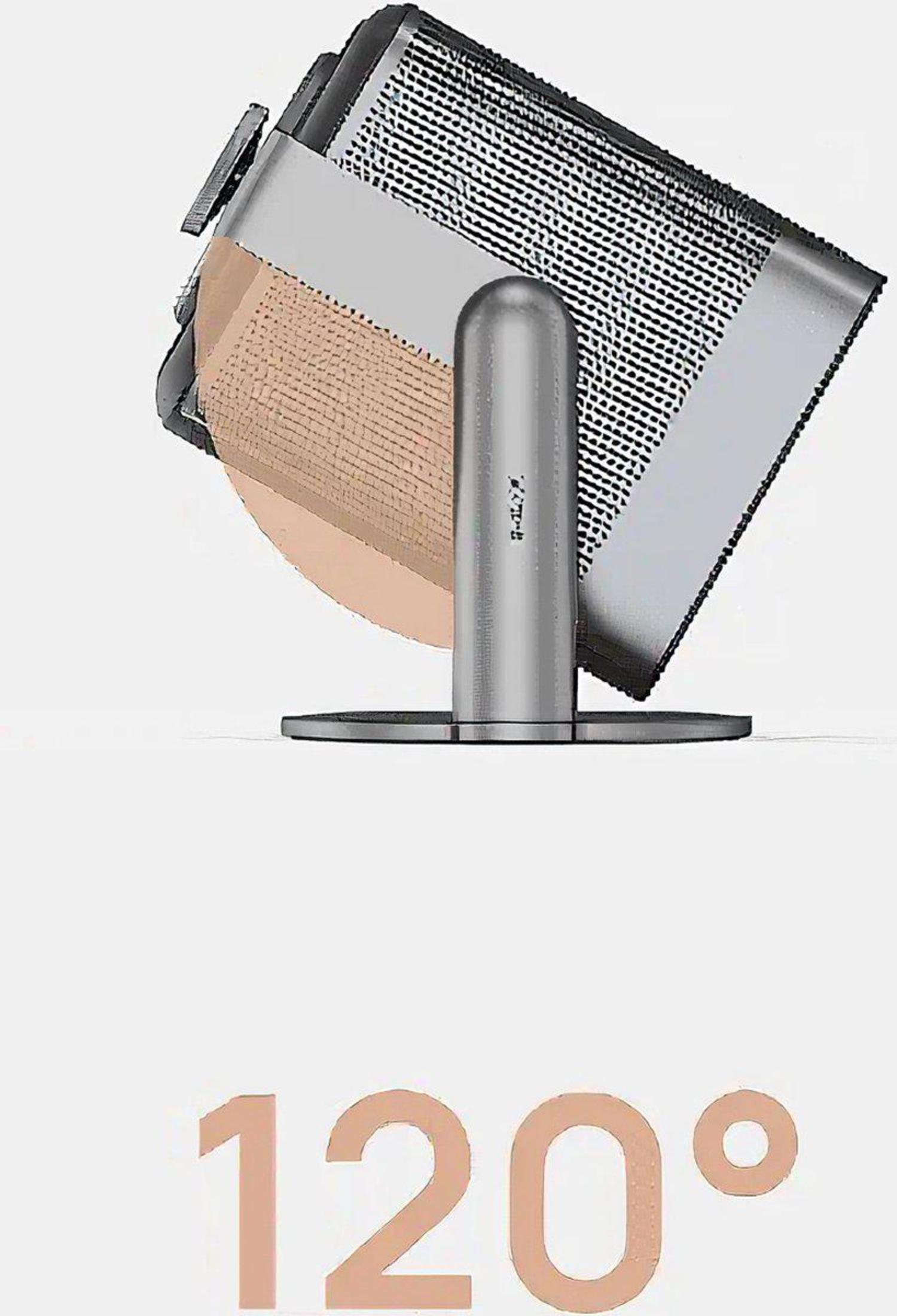 Un dispositivo metálico plateado, posiblemente un purificador de aire o un ventilador, con una indicación de 120 grados.