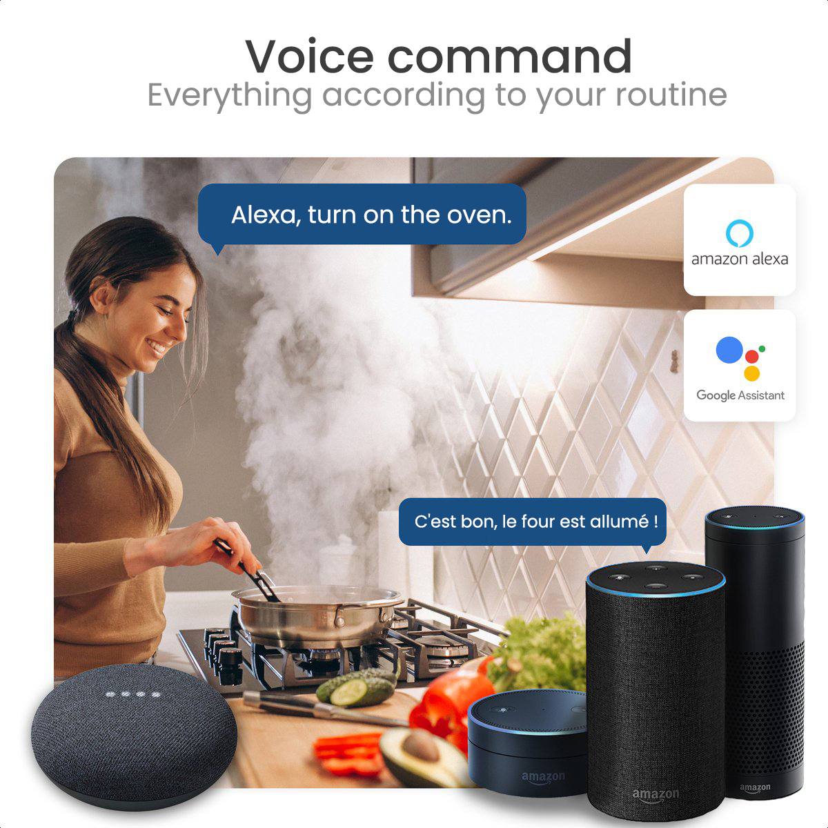 Sprachsteuerungssystem mit einer kochenden Frau, Amazon Alexa und Google Assistant Geräten.