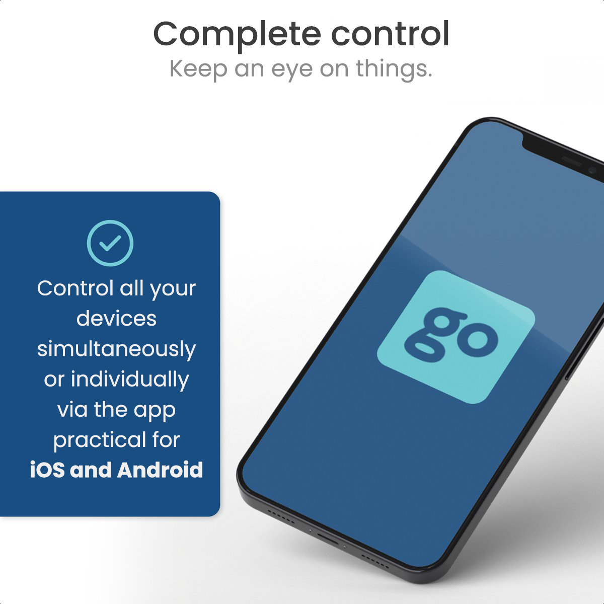 Ein schwarzes Telefon mit dem Go-Logo und ein blaues Rechteck mit Text vor blauem Hintergrund.