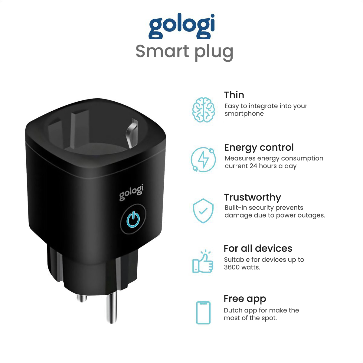 Ein schwarzer Smart Plug mit Funktionsbeschreibungen auf weißem Hintergrund.