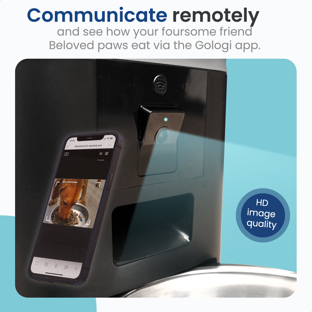 Automatic pet feeder with a phone showing a pet eating.
