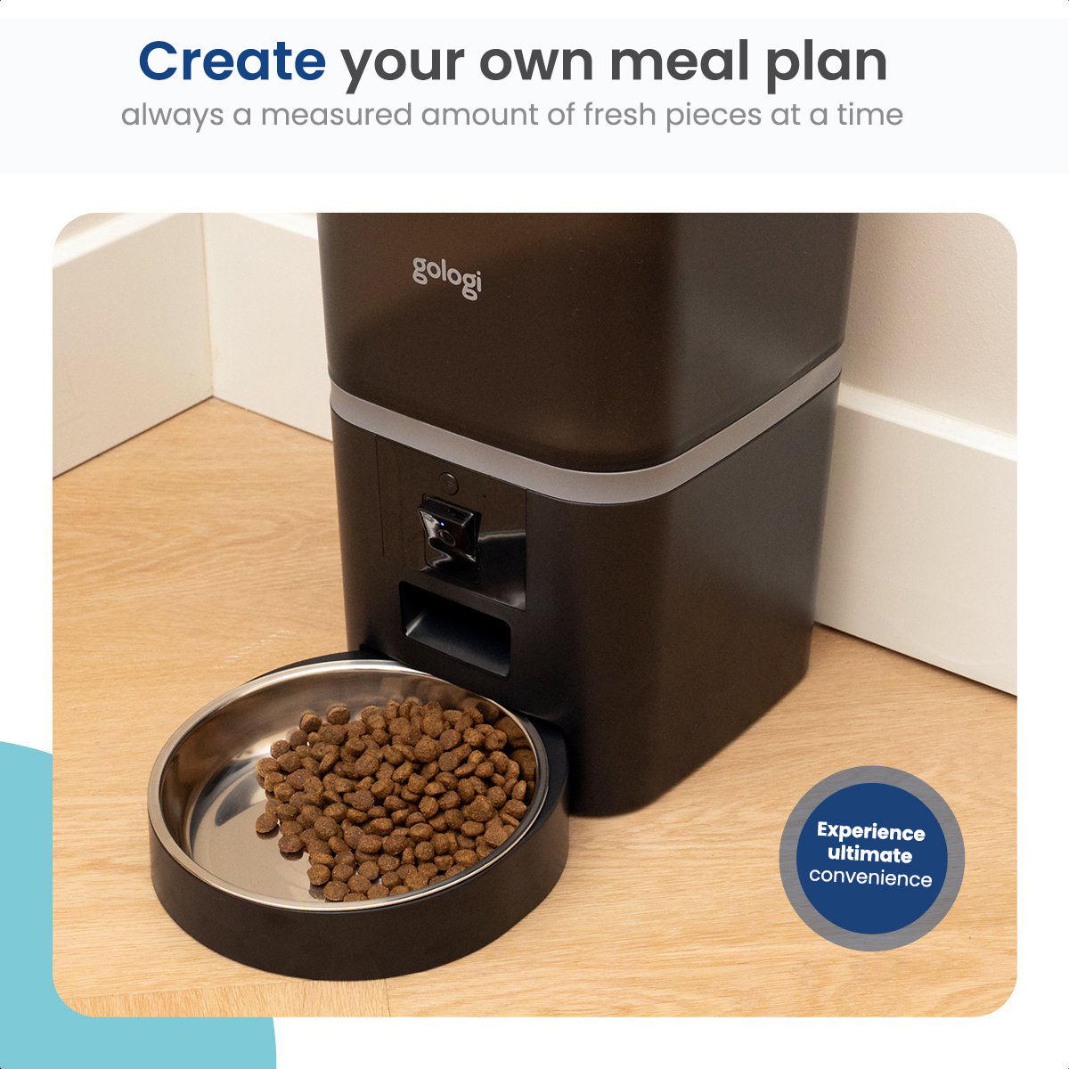 Black pet food dispenser with food in a bowl. Text above. Blue and wood background.