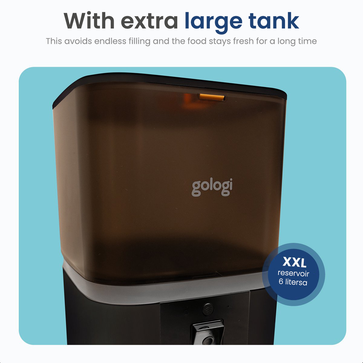Pet food dispenser with a large tank, black and brown, on a blue background.