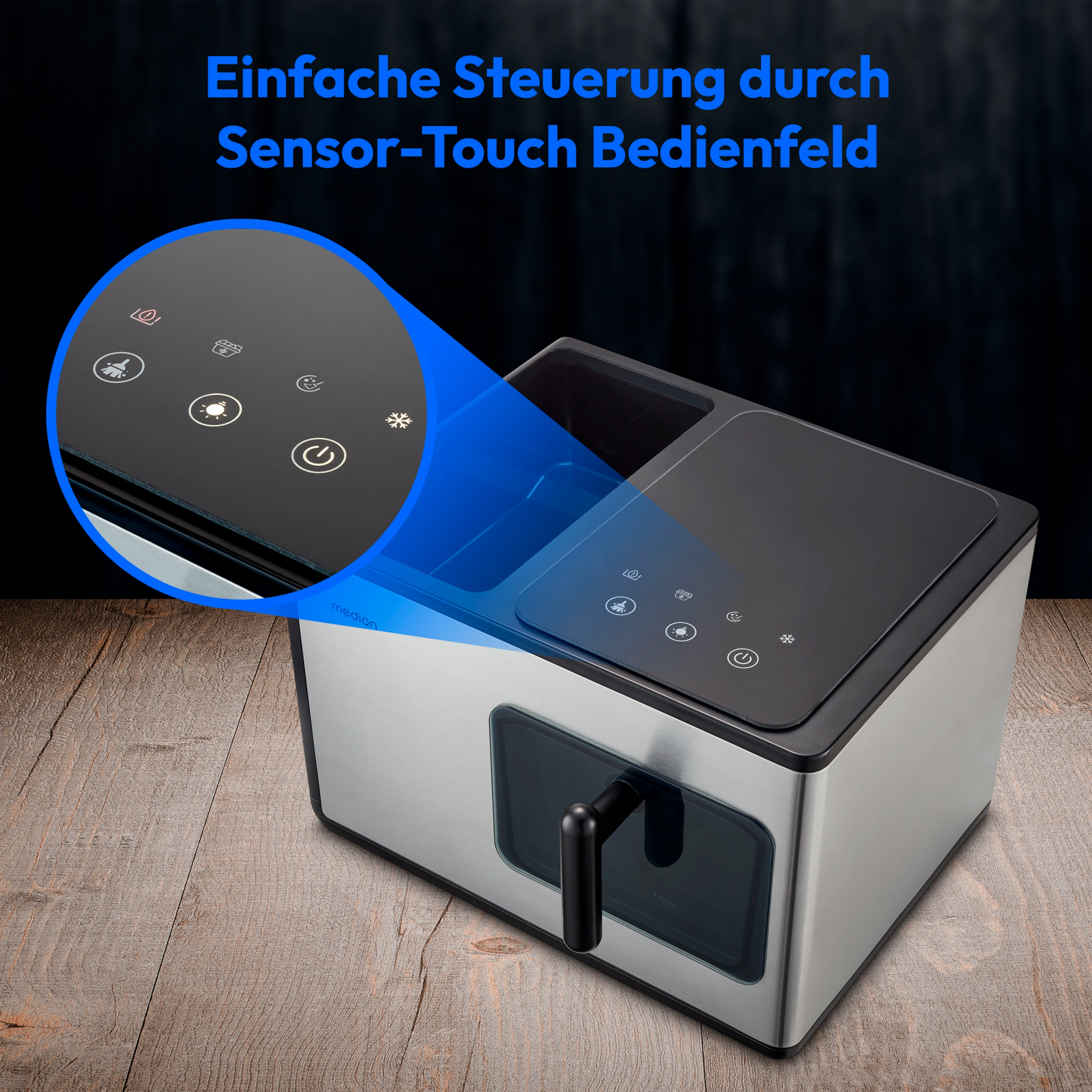 Zilverkleurig en zwart apparaat met een aanraakbedieningspaneel aan de bovenkant. Toont pictogrammen.