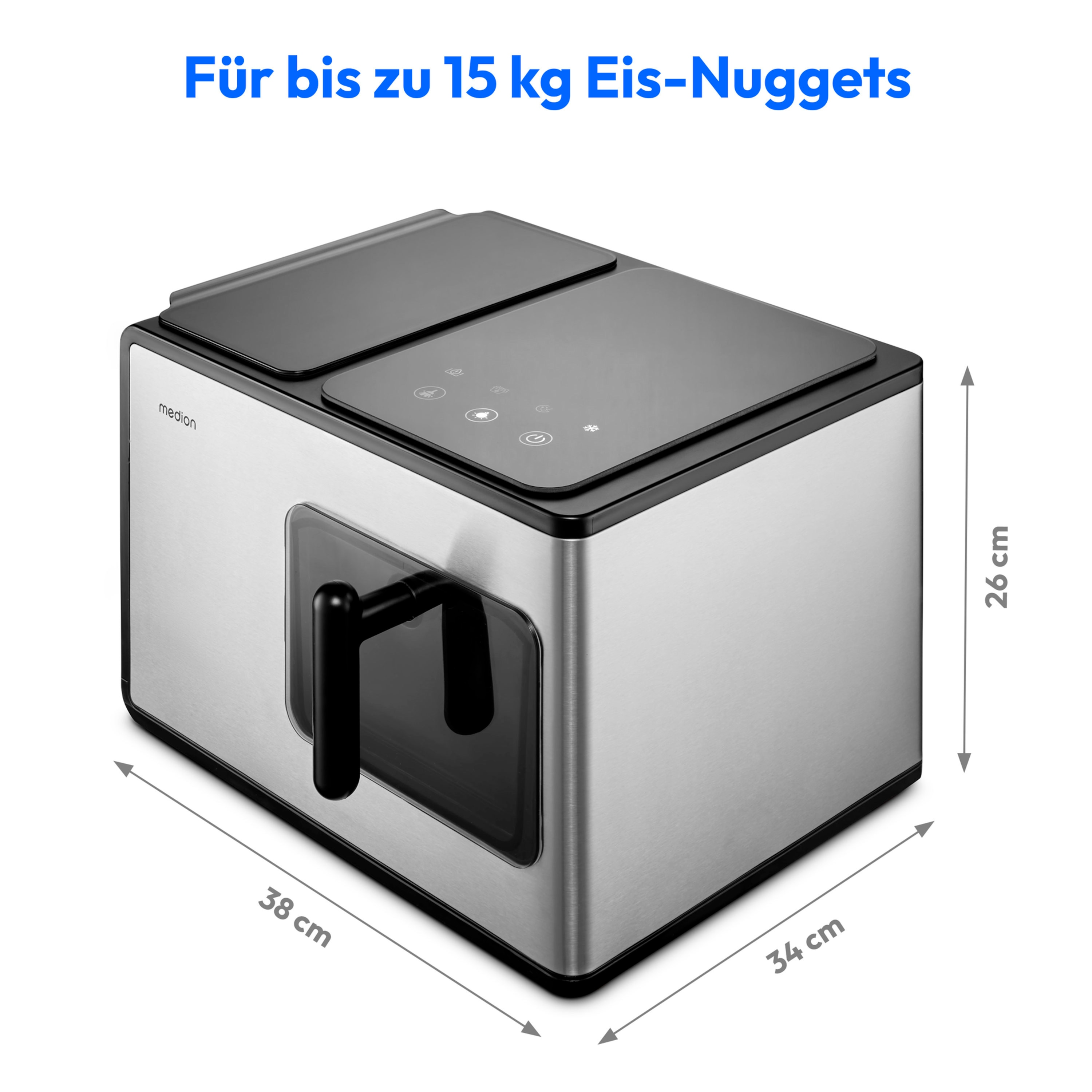 Zilveren ijsmachine met zwarte bovenkant en afmetingen: 38x34x26cm. Tekst: Voor maximaal 15 kg ijsnuggets.