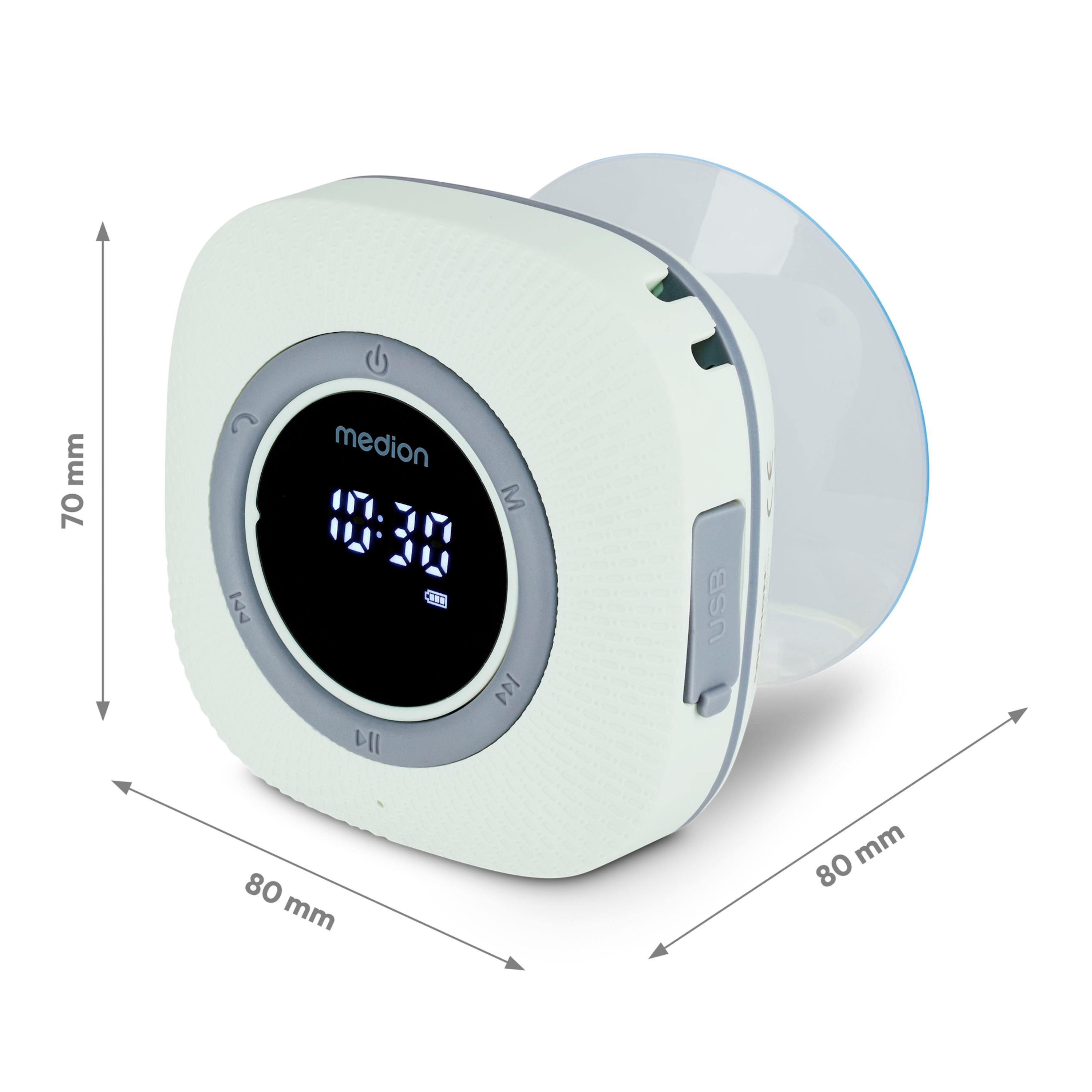 A white and gray portable CD player with a small screen displaying 10:30. It is 80mm x 80mm x 70mm.
