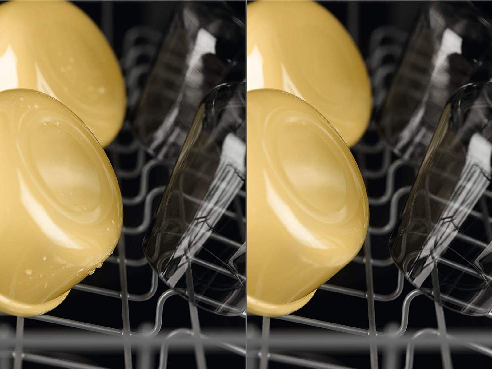 Zbliżenie na kosz zmywarki z żółtymi miskami i czarnymi szklankami w środku.