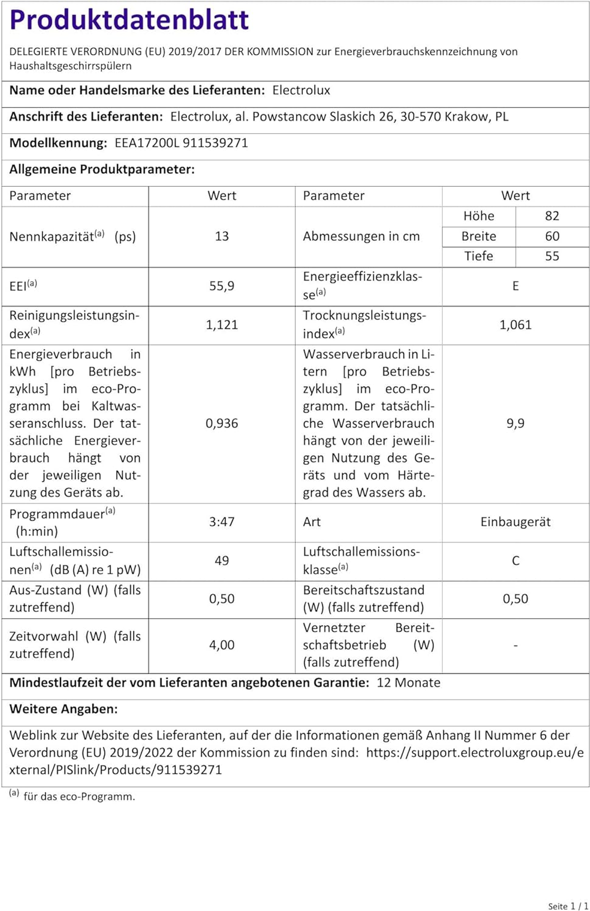 Karta informacyjna produktu. Zawiera szczegóły dotyczące zmywarki Electrolux.