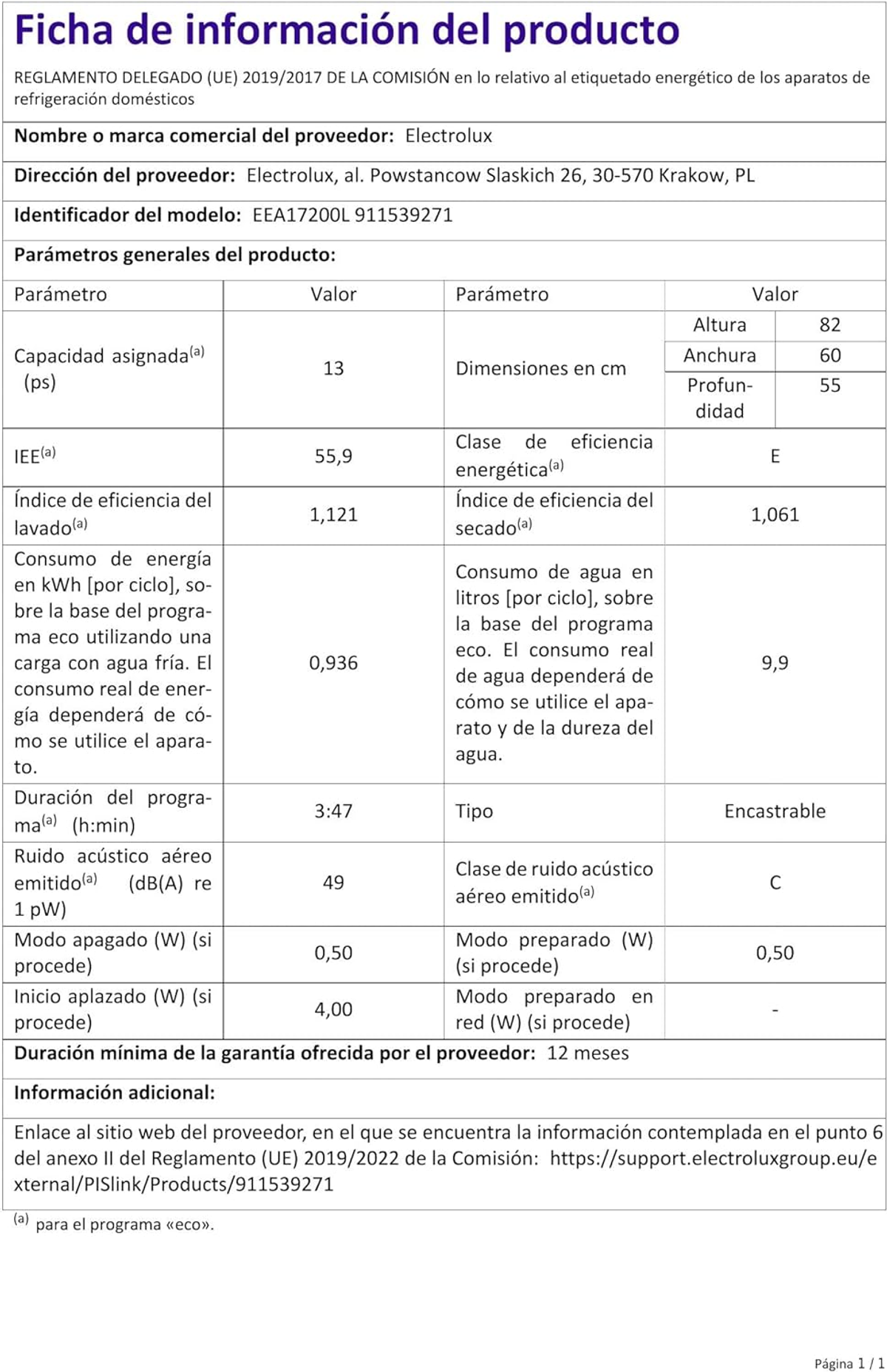 Dokument ze specyfikacjami lodówki Electrolux. Dokument jest w języku hiszpańskim.