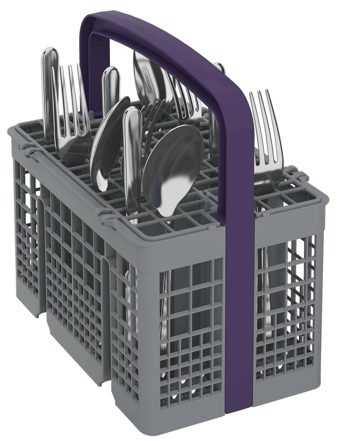 Szary i fioletowy koszyk na sztućce do zmywarki wypełniony srebrnymi widelcami, łyżkami i nożami.