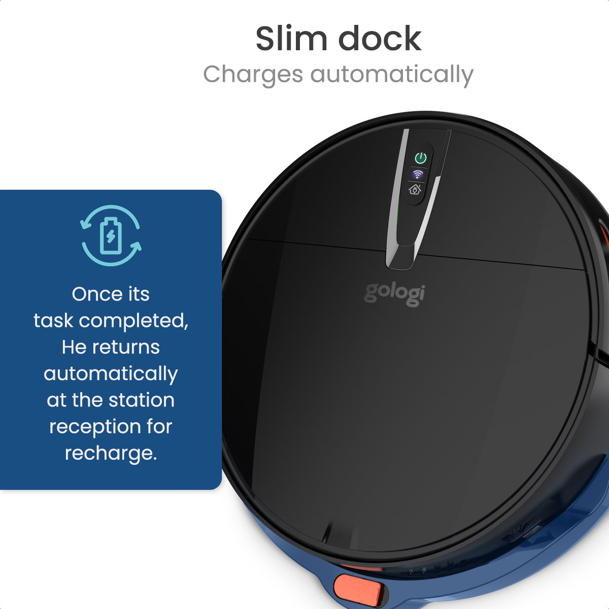 Robot vacuum cleaner, black and blue, on its charging dock.