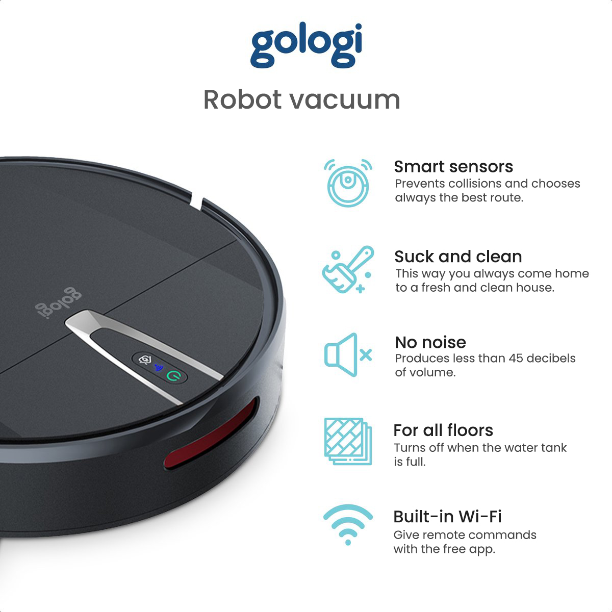 A black robot vacuum cleaner with features described around it.