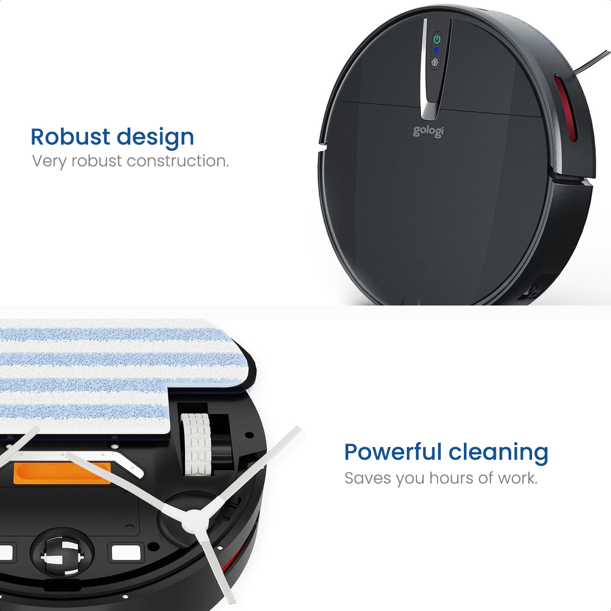 Black robot vacuum cleaner. Text says: Robust design and Powerful cleaning.