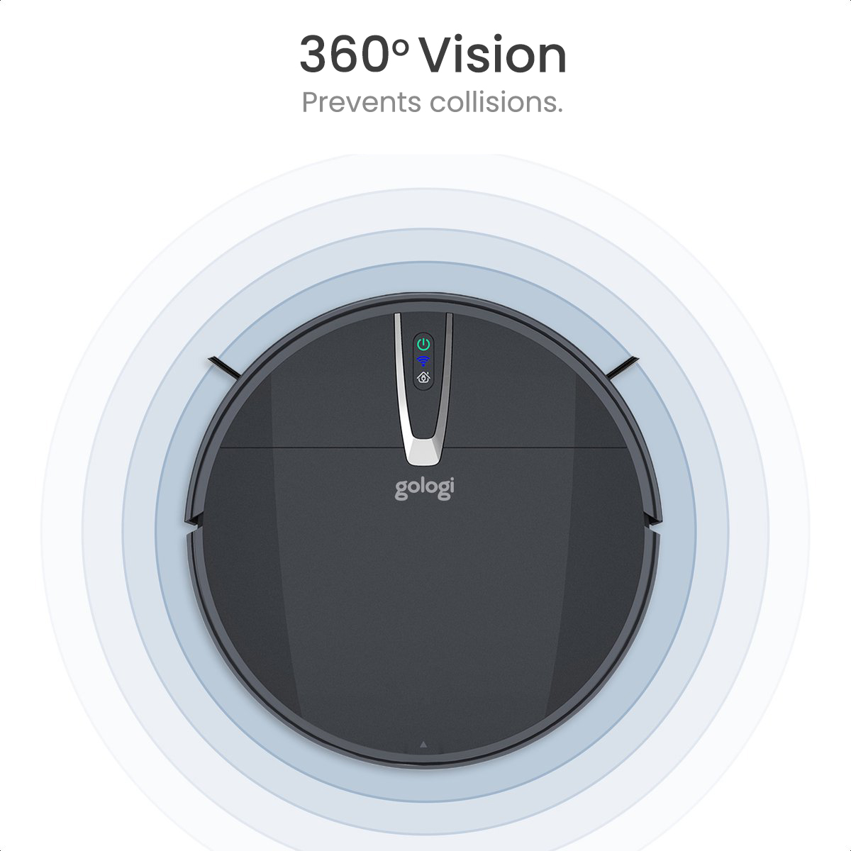 A round black robot vacuum cleaner is shown, with blue light rings indicating 360° vision.