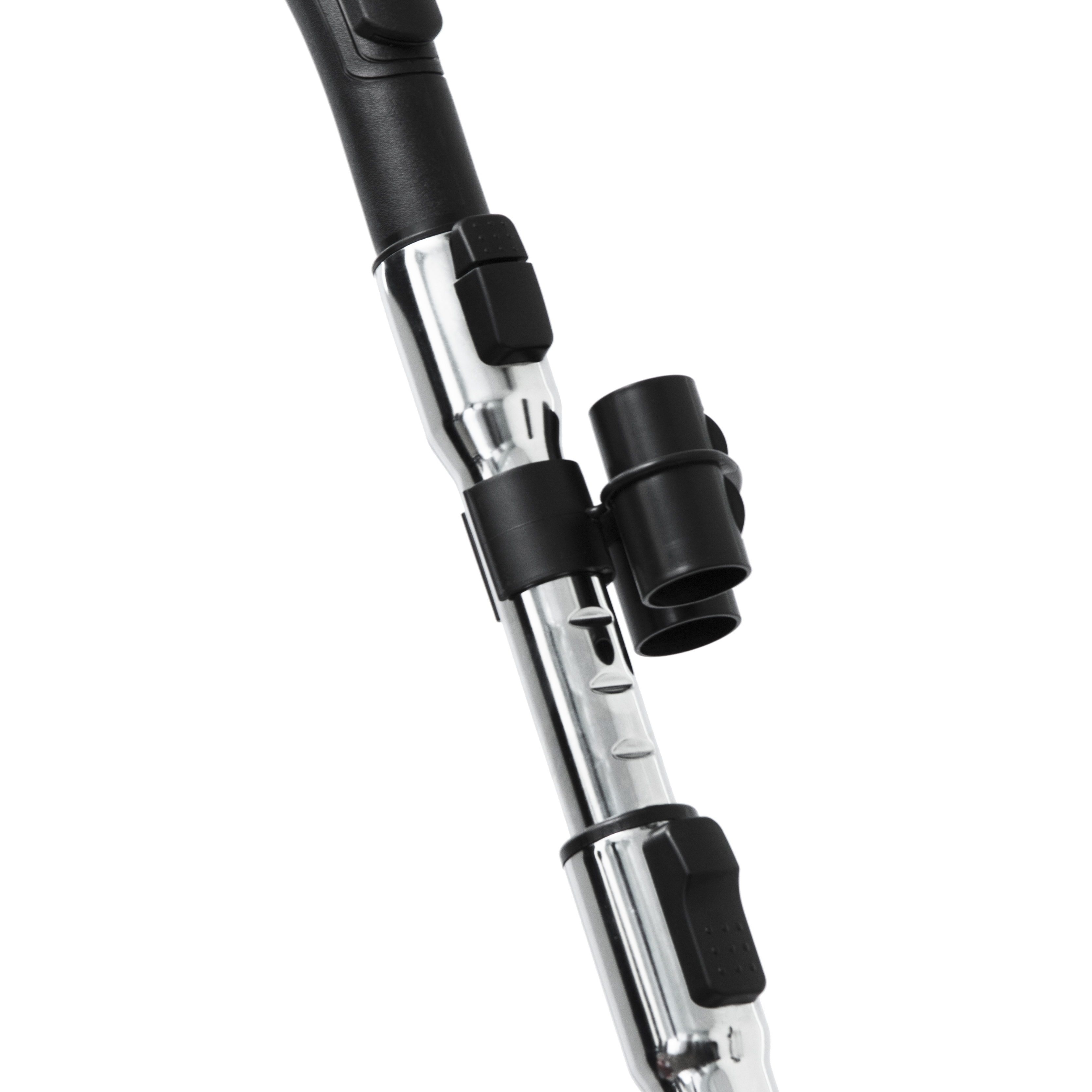 A chrome and black vacuum cleaner extension with two buttons and a connector.