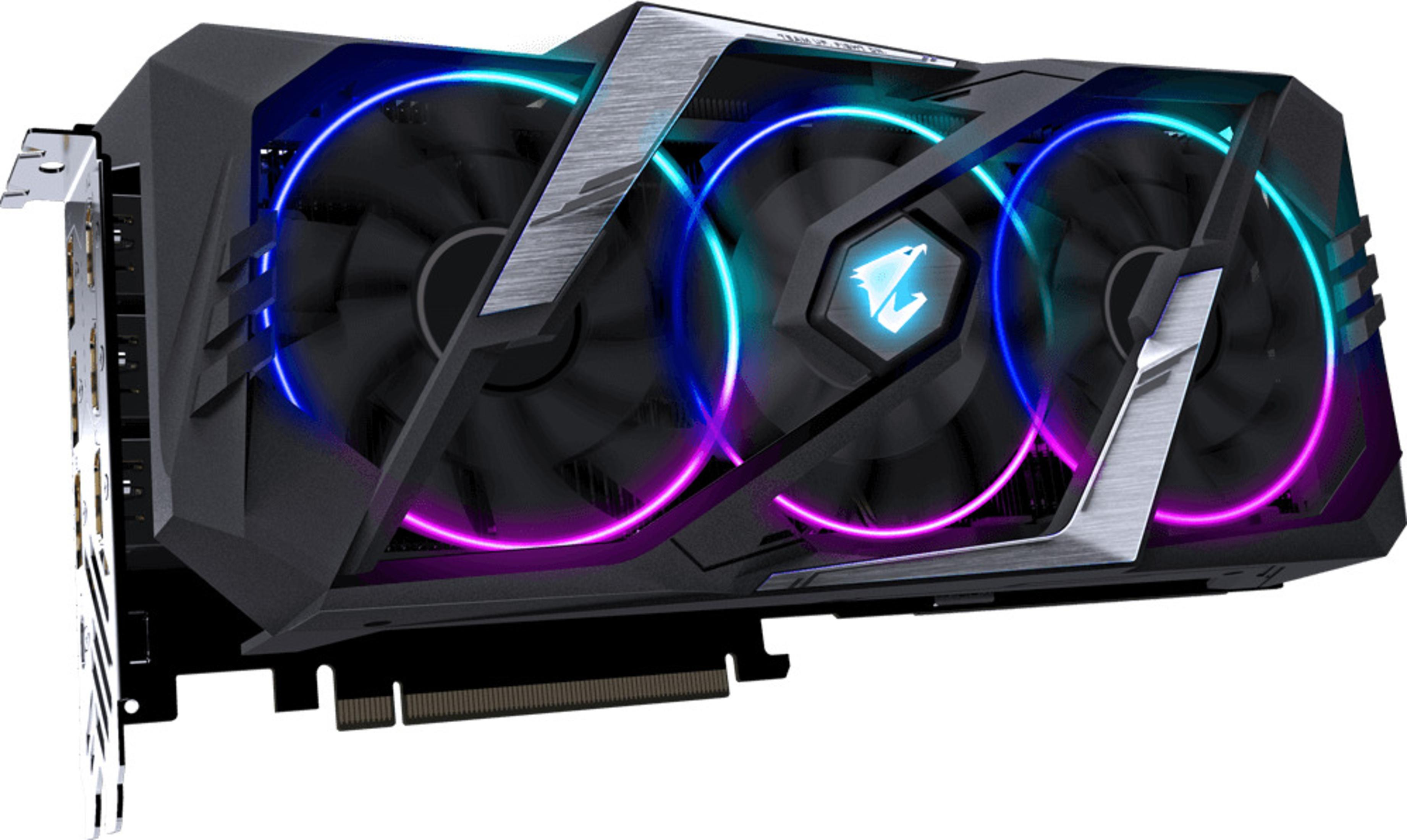 Tarjeta gráfica Aorus con tres ventiladores y luces coloridas.