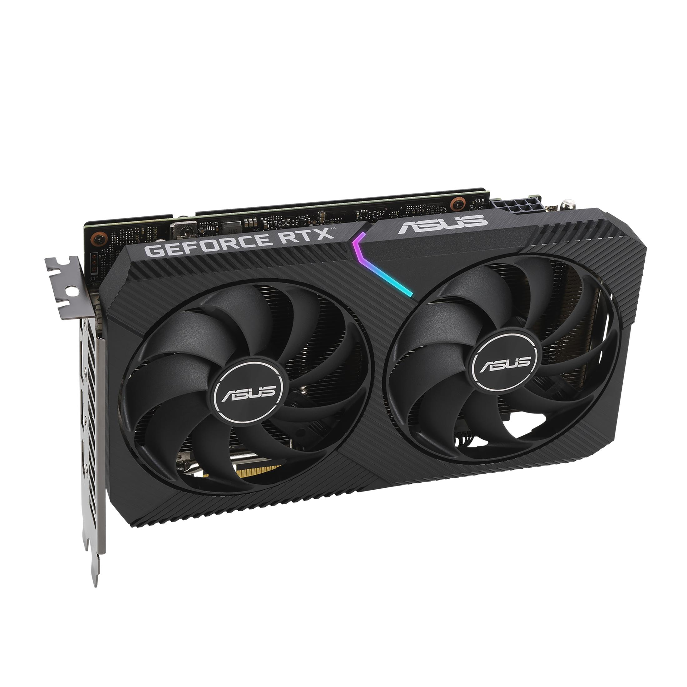 Schwarze ASUS-Grafikkarte mit zwei Lüftern, 'GeForce RTX'- und 'ASUS'-Logos.