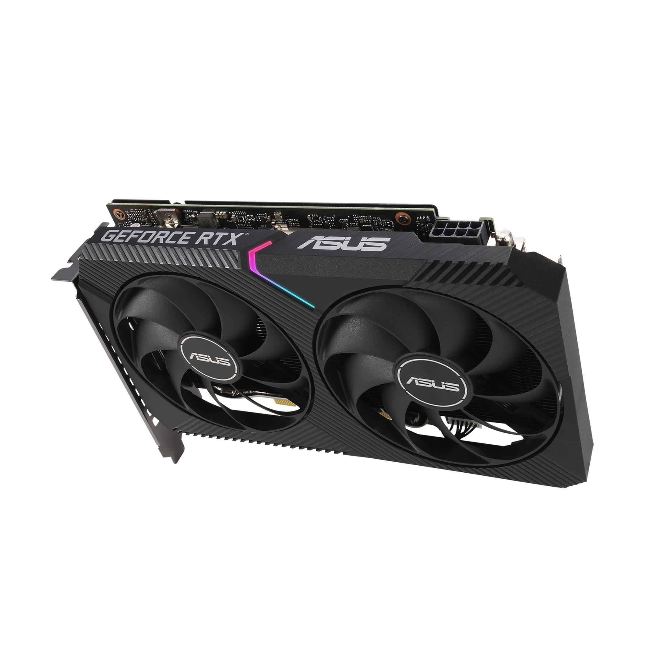 ASUS GeForce RTX Grafikkarte. Zwei Lüfter, schwarzes Design, auf weißem Hintergrund.